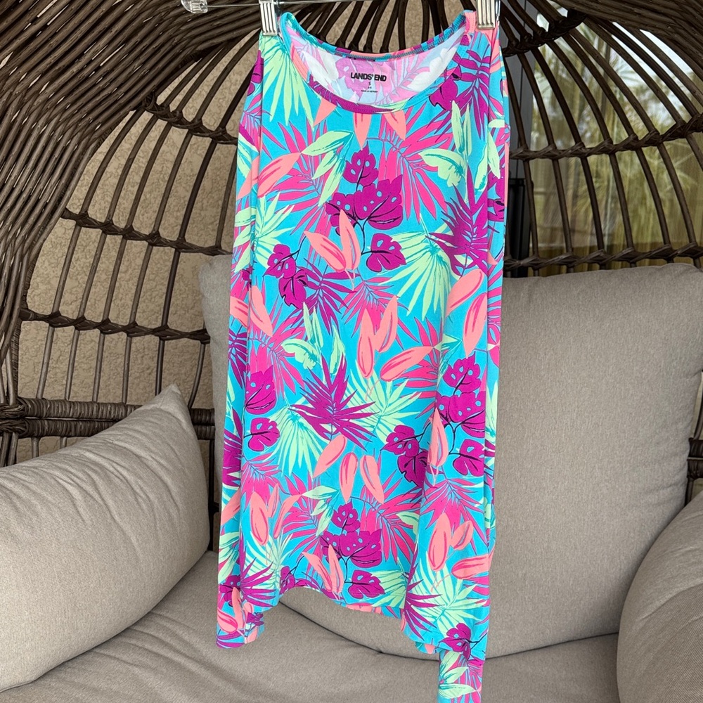 Lands' End Tropical Leaf Tank Top - Aqua, Hot Pink & Coral
